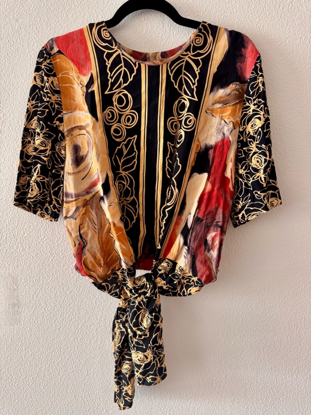 Vintage AKF New York Front Tie Multicolor Print Blouse Made in USA Size M